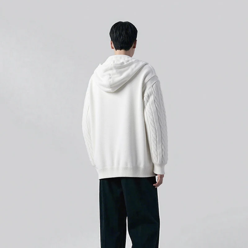 Herren Strukturiertes Zopfmuster-Kapuzenpullover mit Knopfleiste Drune