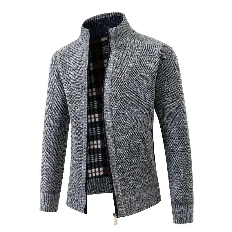 Herren Strukturiertes Zip-Strickjacke mit Karo‑Fleece‑Futter und Stehkragen Drune