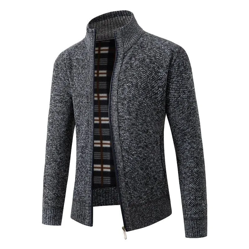 Herren Strukturiertes Zip-Strickjacke mit Karo‑Fleece‑Futter und Stehkragen Drune