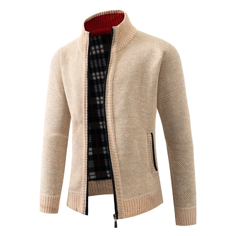 Herren Strukturiertes Zip-Strickjacke mit Karo‑Fleece‑Futter und Stehkragen Drune