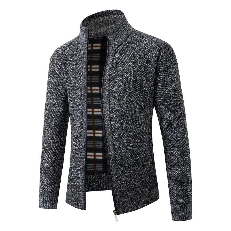 Herren Strukturiertes Zip-Strickjacke mit Karo‑Fleece‑Futter und Stehkragen Drune