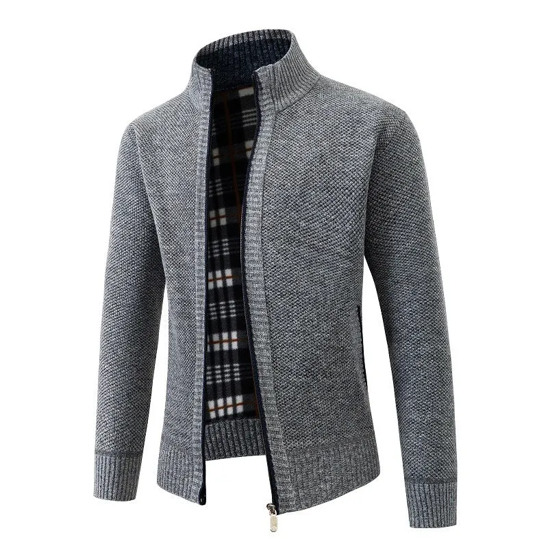 Herren Strukturiertes Zip-Strickjacke mit Karo‑Fleece‑Futter und Stehkragen Drune