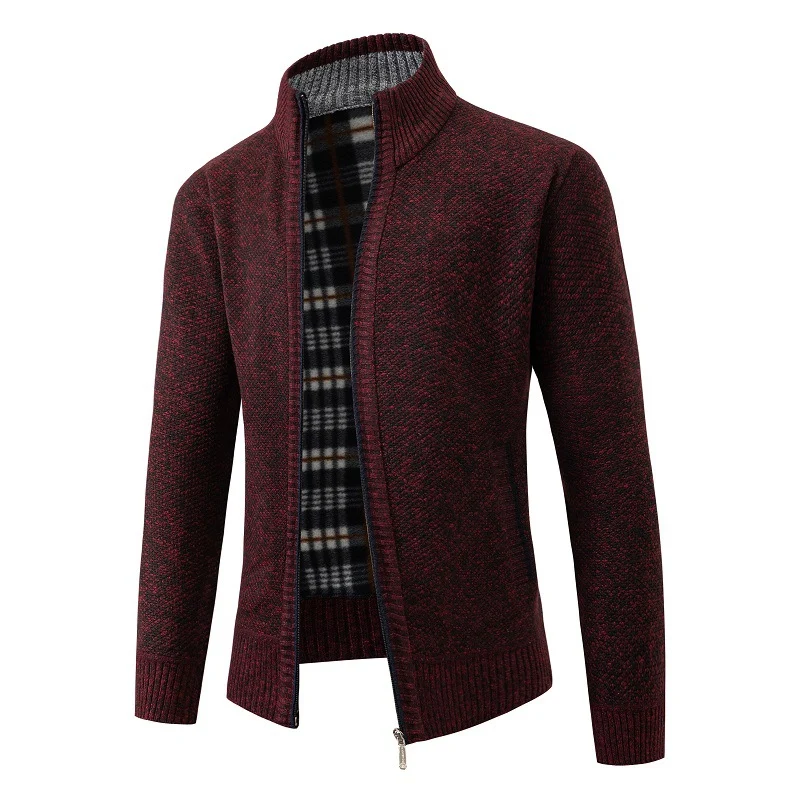 Herren Strukturiertes Zip-Strickjacke mit Karo‑Fleece‑Futter und Stehkragen Drune