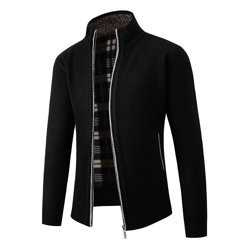 Herren Strukturiertes Zip-Strickjacke mit Karo‑Fleece‑Futter und Stehkragen Drune