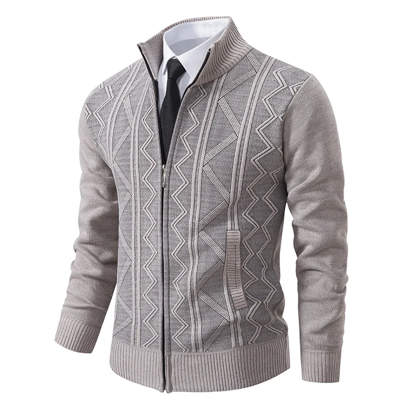 Herren Strukturiertes Feinstrick-Zipcardigan mit Stehkragen und geometrischem Zopfmuster Drune