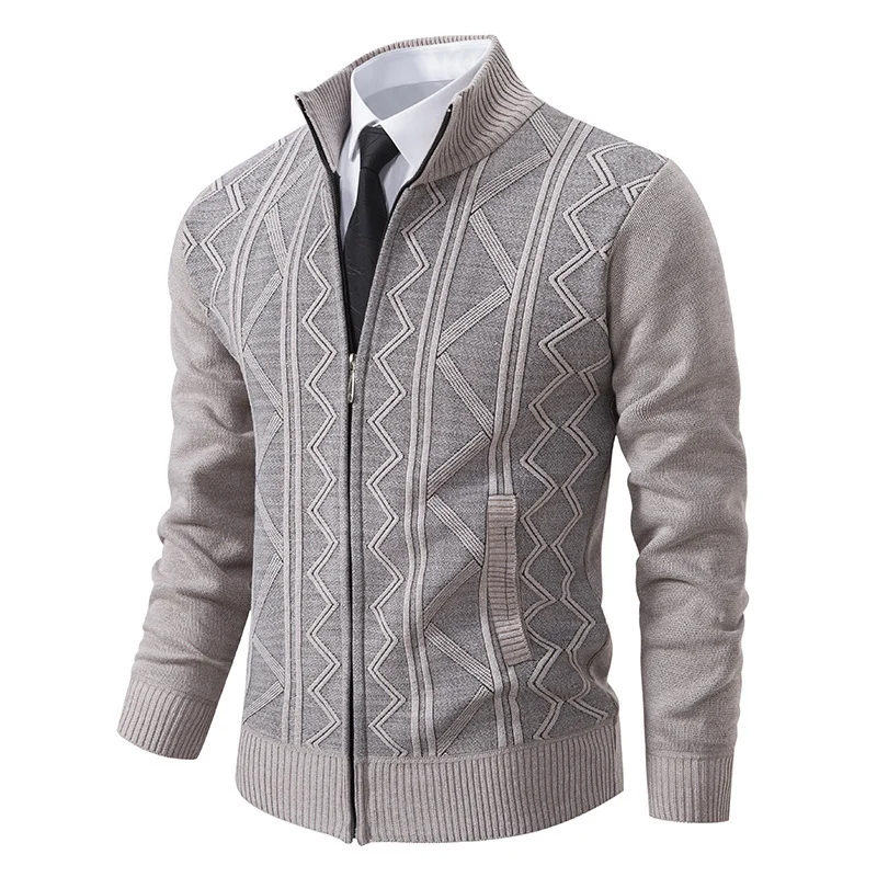Herren Strukturiertes Feinstrick-Zipcardigan mit Stehkragen und geometrischem Zopfmuster Drune