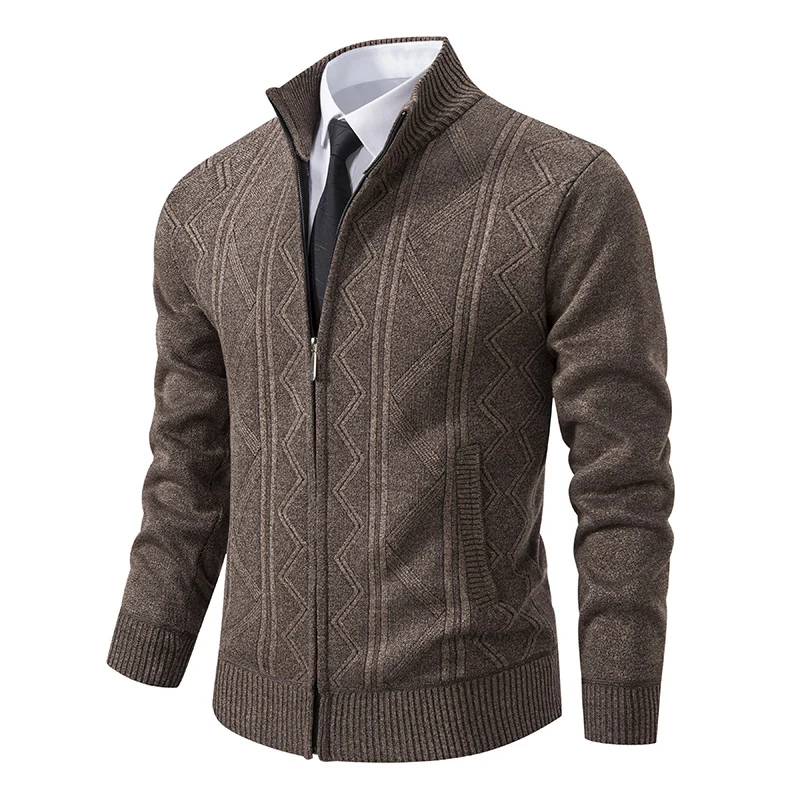 Herren Strukturiertes Feinstrick-Zipcardigan mit Stehkragen und geometrischem Zopfmuster Drune