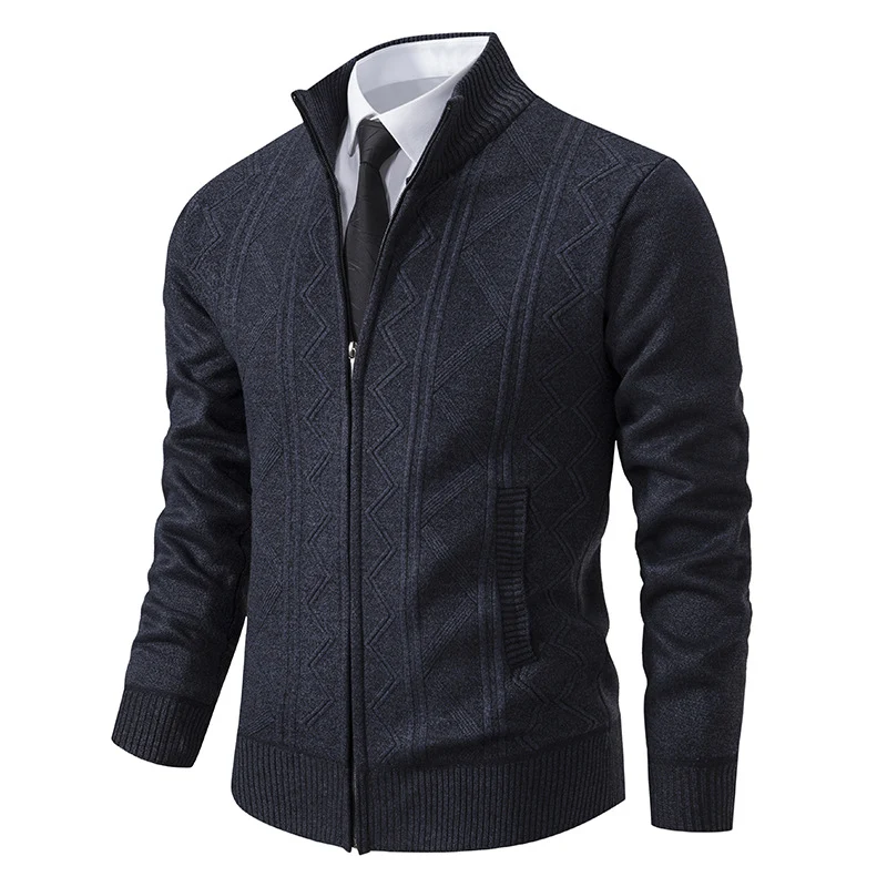 Herren Strukturiertes Feinstrick-Zipcardigan mit Stehkragen und geometrischem Zopfmuster Drune