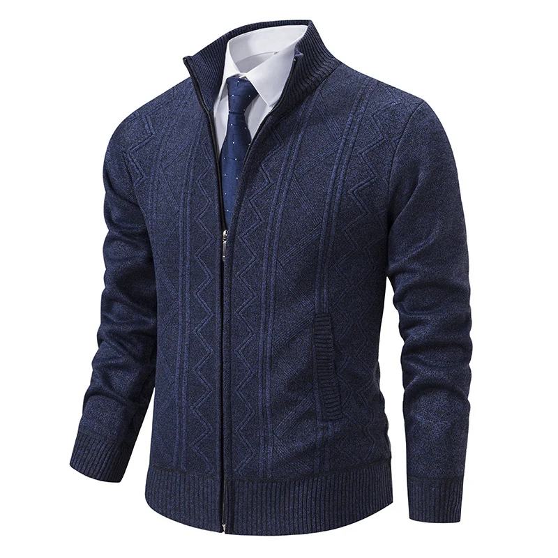 Herren Strukturiertes Feinstrick-Zipcardigan mit Stehkragen und geometrischem Zopfmuster Drune