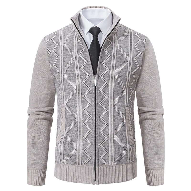 Herren Strukturiertes Feinstrick-Zipcardigan mit Stehkragen und geometrischem Zopfmuster Drune