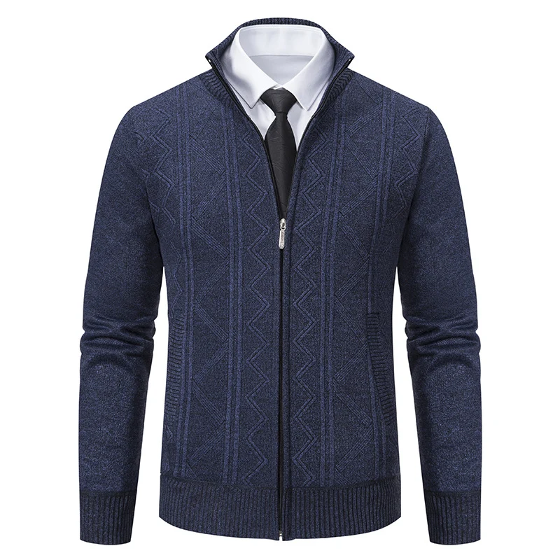 Herren Strukturiertes Feinstrick-Zipcardigan mit Stehkragen und geometrischem Zopfmuster Drune