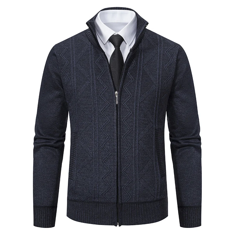 Herren Strukturiertes Feinstrick-Zipcardigan mit Stehkragen und geometrischem Zopfmuster Drune