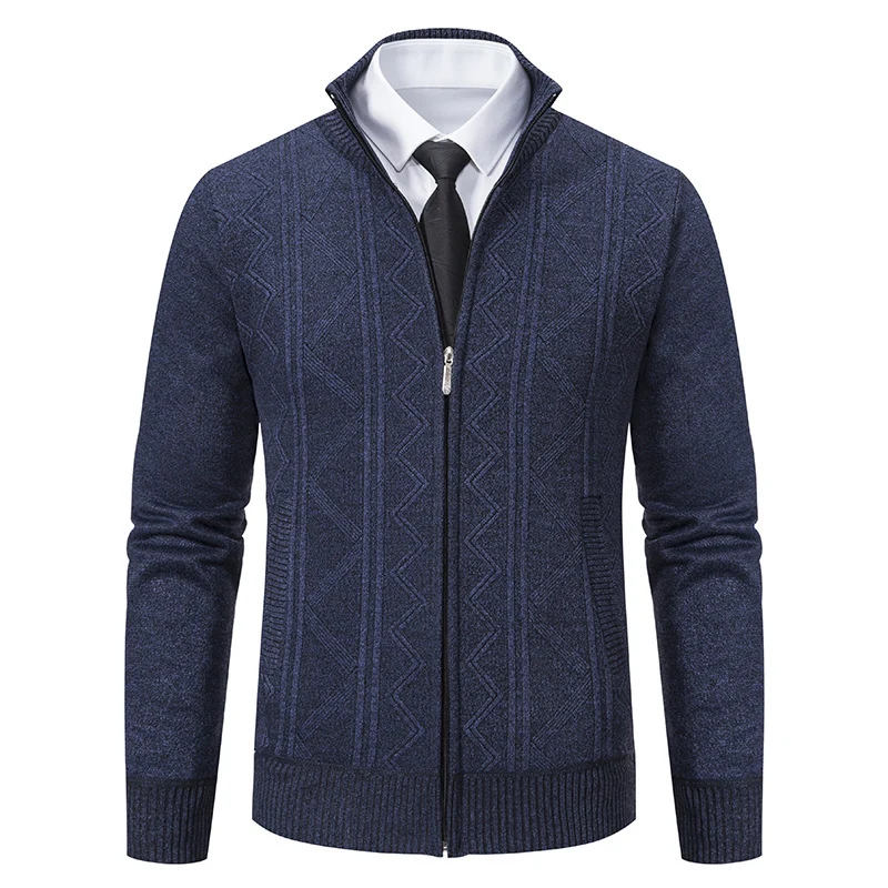Herren Strukturiertes Feinstrick-Zipcardigan mit Stehkragen und geometrischem Zopfmuster Drune