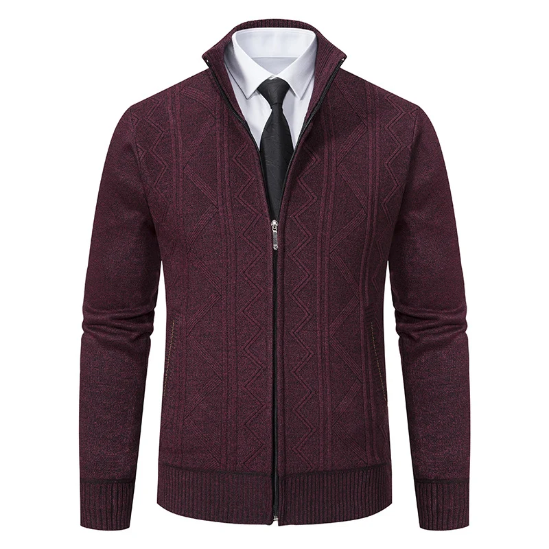 Herren Strukturiertes Feinstrick-Zipcardigan mit Stehkragen und geometrischem Zopfmuster Drune