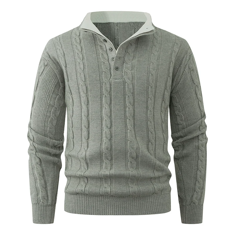 Herren Strukturierter Zopfstrick-Pullover mit Knopfleiste und Stehkragen Drune