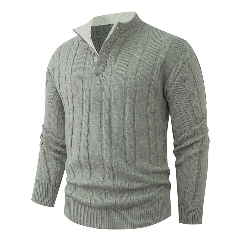 Herren Strukturierter Zopfstrick-Pullover mit Knopfleiste und Stehkragen Drune
