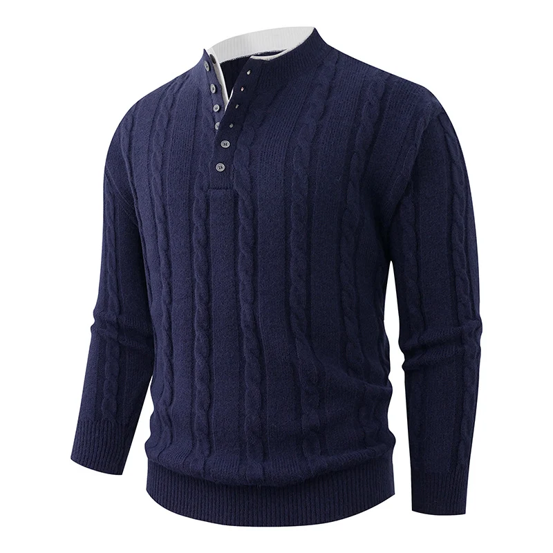 Herren Strukturierter Zopfstrick-Pullover mit Knopfleiste und Stehkragen Drune