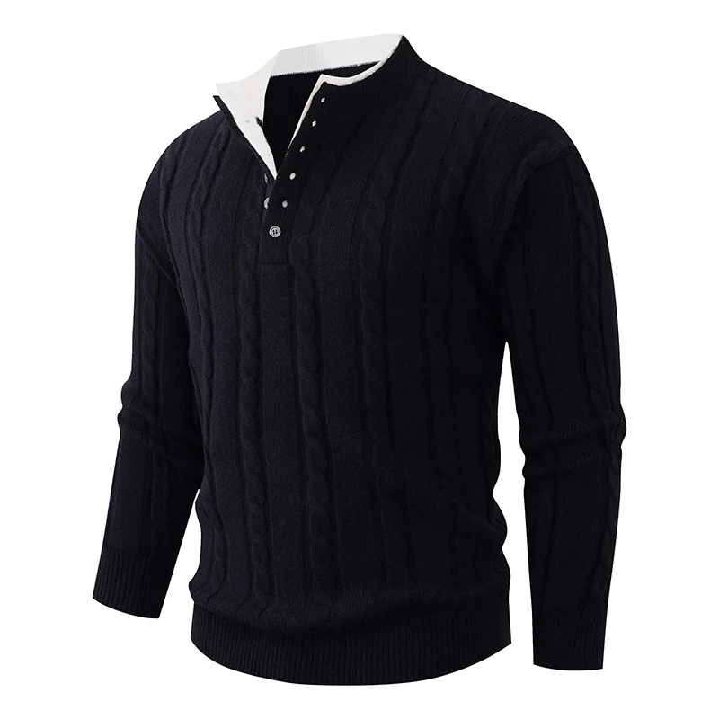 Herren Strukturierter Zopfstrick-Pullover mit Knopfleiste und Stehkragen Drune