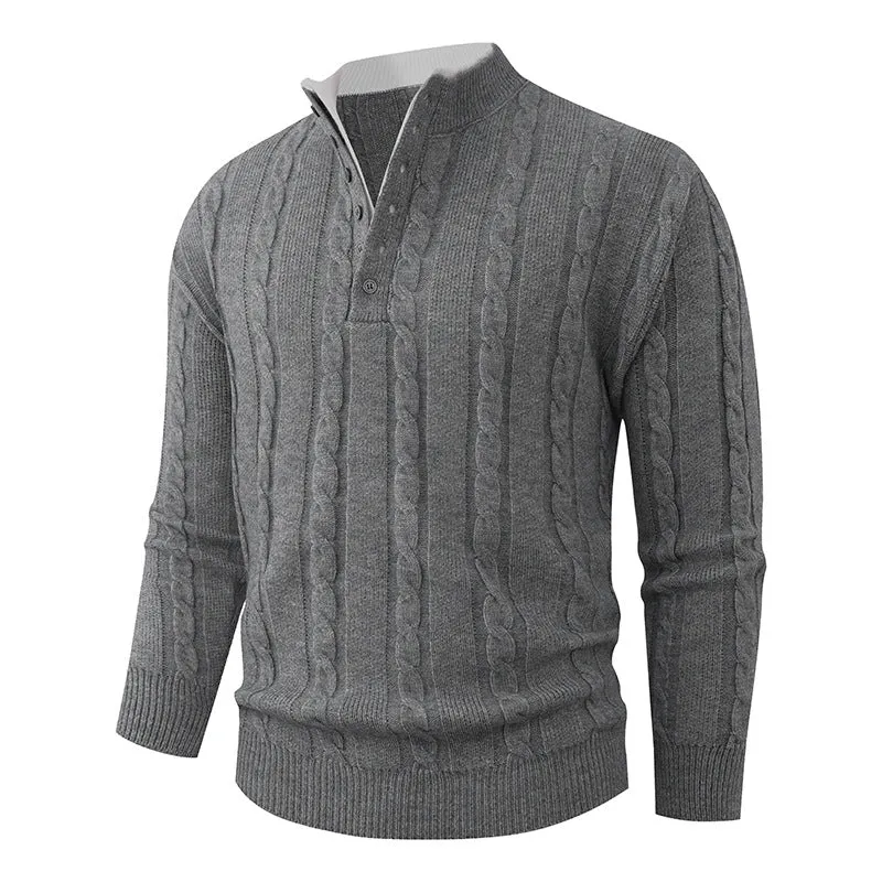 Herren Strukturierter Zopfstrick-Pullover mit Knopfleiste und Stehkragen Drune