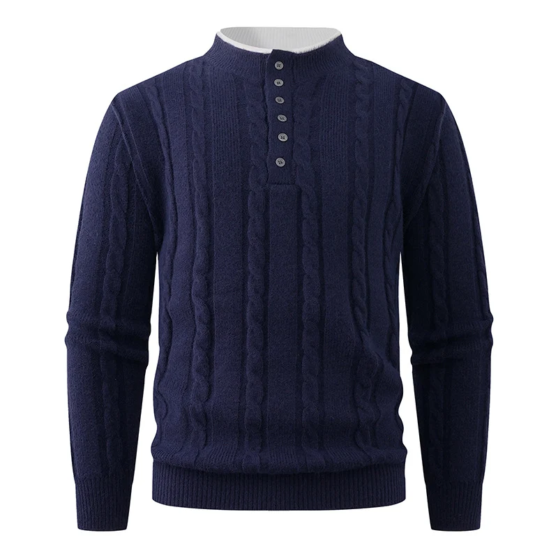 Herren Strukturierter Zopfstrick-Pullover mit Knopfleiste und Stehkragen Drune