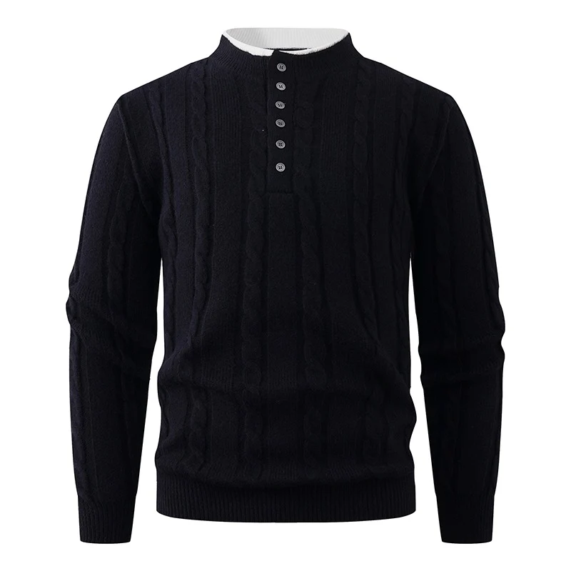 Herren Strukturierter Zopfstrick-Pullover mit Knopfleiste und Stehkragen Drune