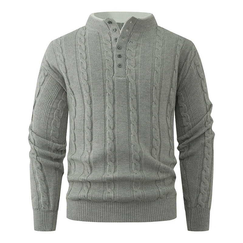 Herren Strukturierter Zopfstrick-Pullover mit Knopfleiste und Stehkragen Drune
