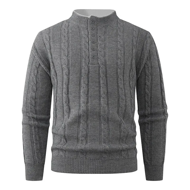 Herren Strukturierter Zopfstrick-Pullover mit Knopfleiste und Stehkragen Drune