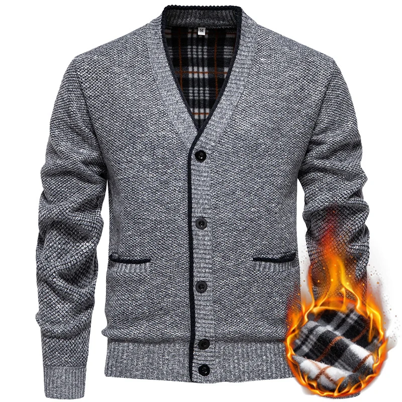 Herren Strukturierter V-Ausschnitt Strickcardigan mit kontrastierter Kante und kariertem Innenbesatz Drune