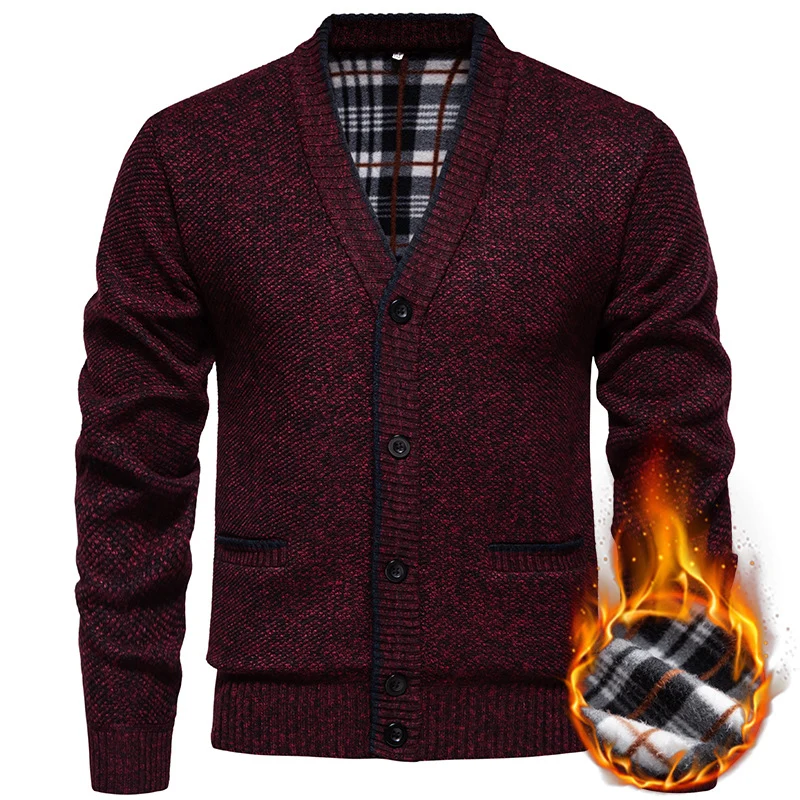 Herren Strukturierter V-Ausschnitt Strickcardigan mit kontrastierter Kante und kariertem Innenbesatz Drune