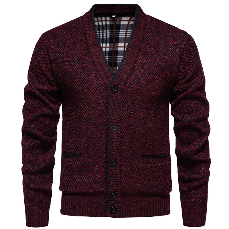 Herren Strukturierter V-Ausschnitt Strickcardigan mit kontrastierter Kante und kariertem Innenbesatz Drune