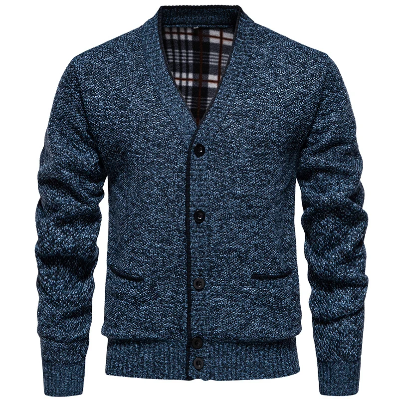Herren Strukturierter V-Ausschnitt Strickcardigan mit kontrastierter Kante und kariertem Innenbesatz Drune