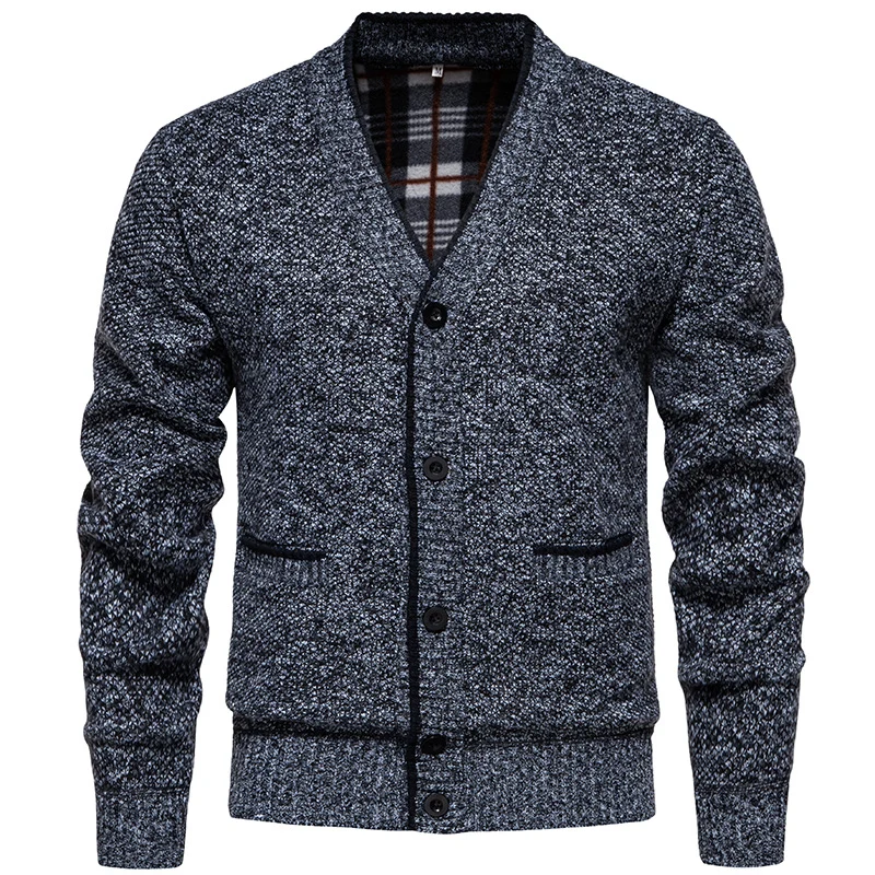 Herren Strukturierter V-Ausschnitt Strickcardigan mit kontrastierter Kante und kariertem Innenbesatz Drune