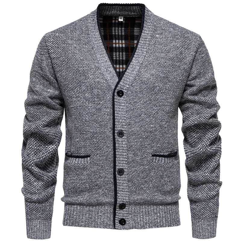 Herren Strukturierter V-Ausschnitt Strickcardigan mit kontrastierter Kante und kariertem Innenbesatz Drune