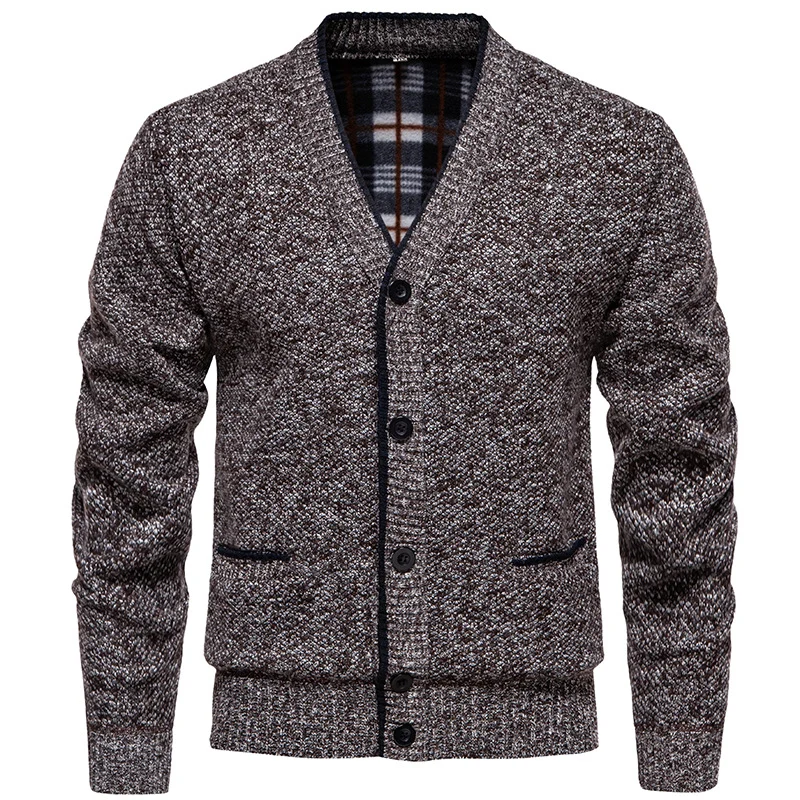 Herren Strukturierter V-Ausschnitt Strickcardigan mit kontrastierter Kante und kariertem Innenbesatz Drune