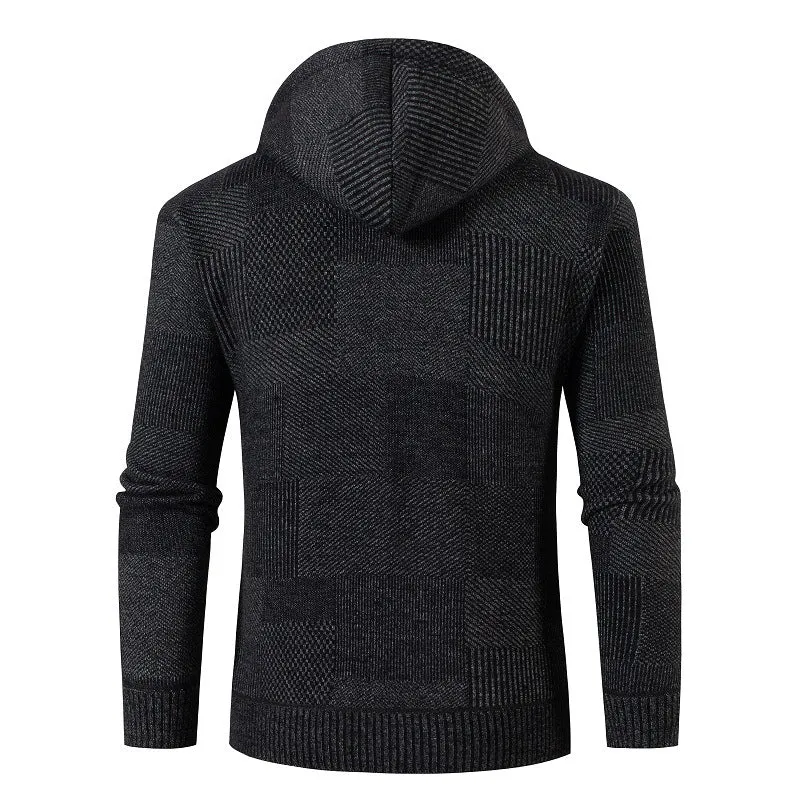 Herren Strukturierter Strick-Zip-Hoodie mit gefütterter Kapuze und grafischem Patchmuster Drune