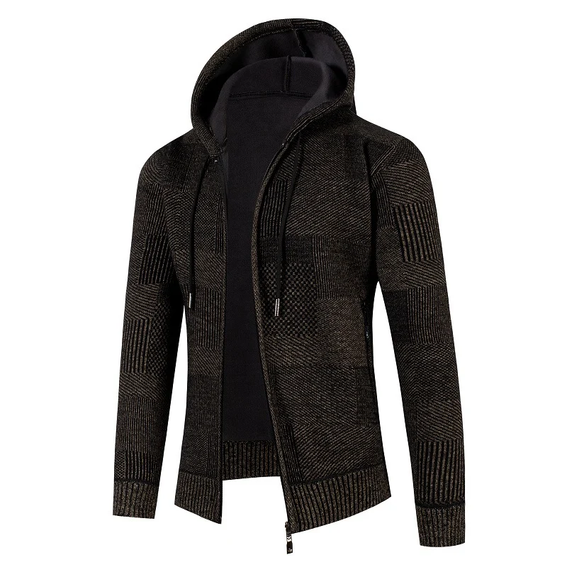 Herren Strukturierter Strick-Zip-Hoodie mit gefütterter Kapuze und grafischem Patchmuster Drune