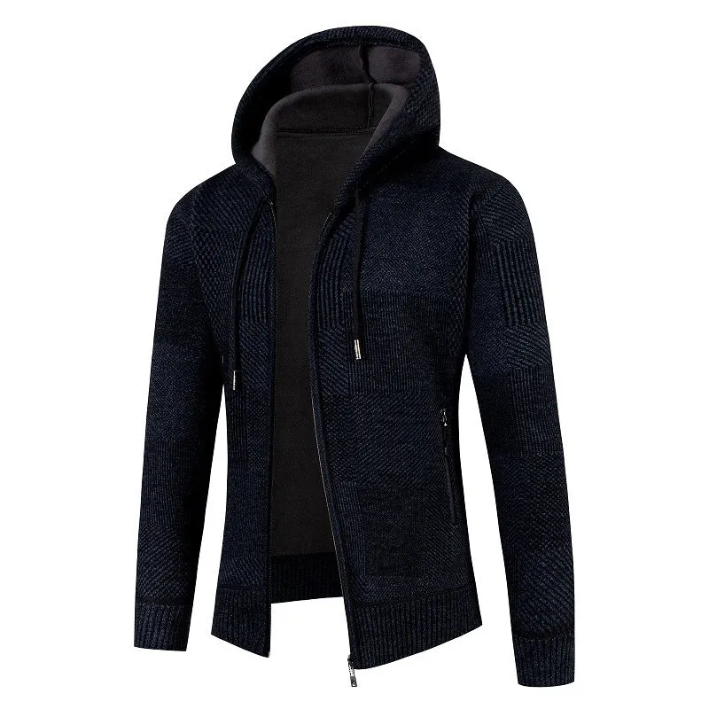 Herren Strukturierter Strick-Zip-Hoodie mit gefütterter Kapuze und grafischem Patchmuster Drune