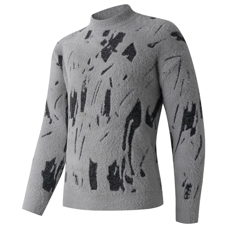 Herren Strukturierter Mockneck-Pullover mit abstraktem Brush-Pattern Drune