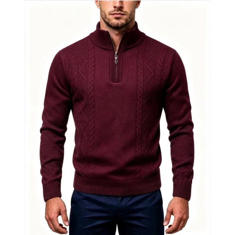 Herren Strukturierter Halbzip-Pullover mit Stehkragen und Zopfmuster-Details Drune