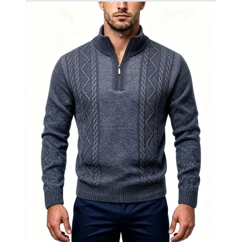 Herren Strukturierter Halbzip-Pullover mit Stehkragen und Zopfmuster-Details Drune