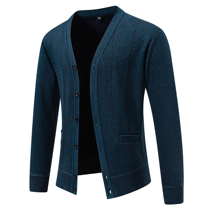 Herren Strukturierter Feinstrick-Cardigan mit Chevron‑Muster, V‑Ausschnitt und Eingrifftaschen Drune