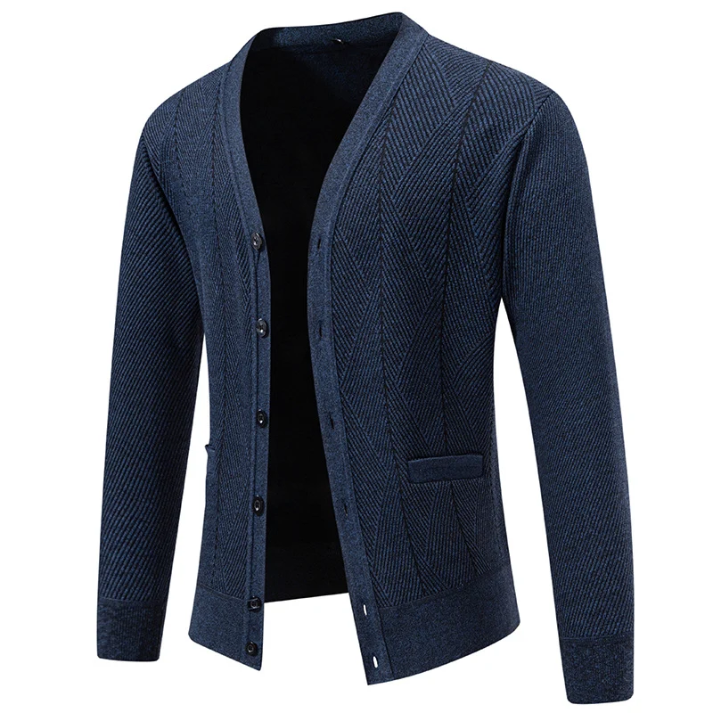 Herren Strukturierter Feinstrick-Cardigan mit Chevron‑Muster, V‑Ausschnitt und Eingrifftaschen Drune