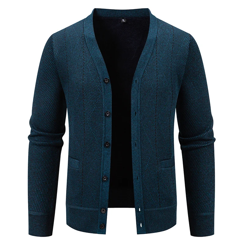 Herren Strukturierter Feinstrick-Cardigan mit Chevron‑Muster, V‑Ausschnitt und Eingrifftaschen Drune