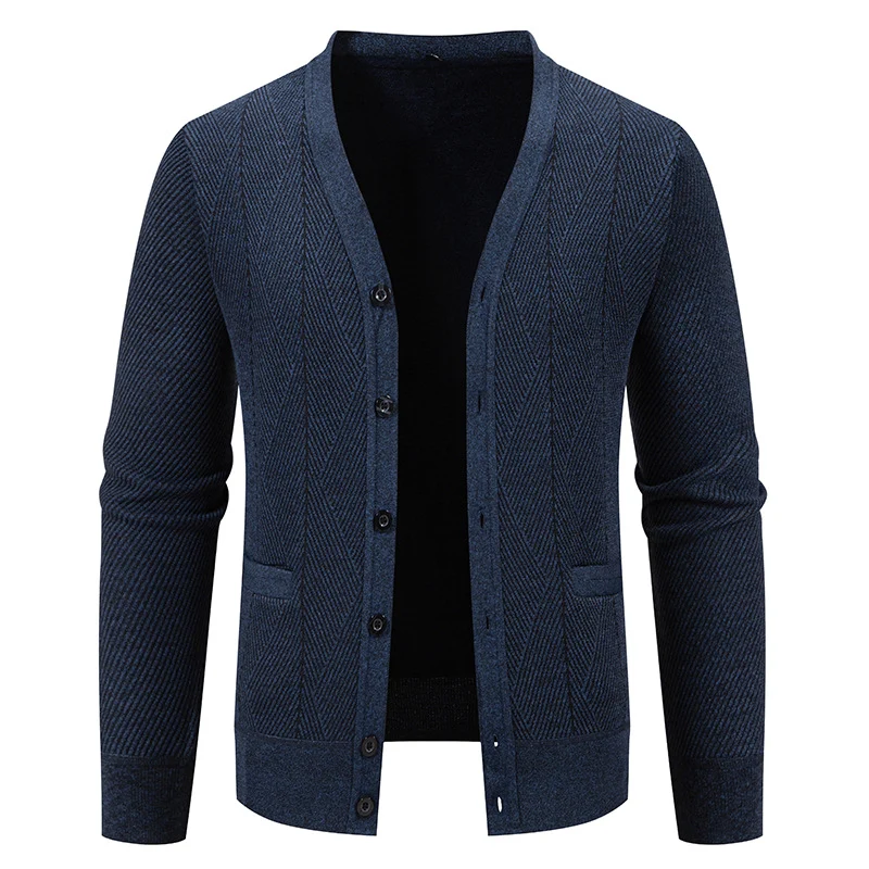 Herren Strukturierter Feinstrick-Cardigan mit Chevron‑Muster, V‑Ausschnitt und Eingrifftaschen Drune