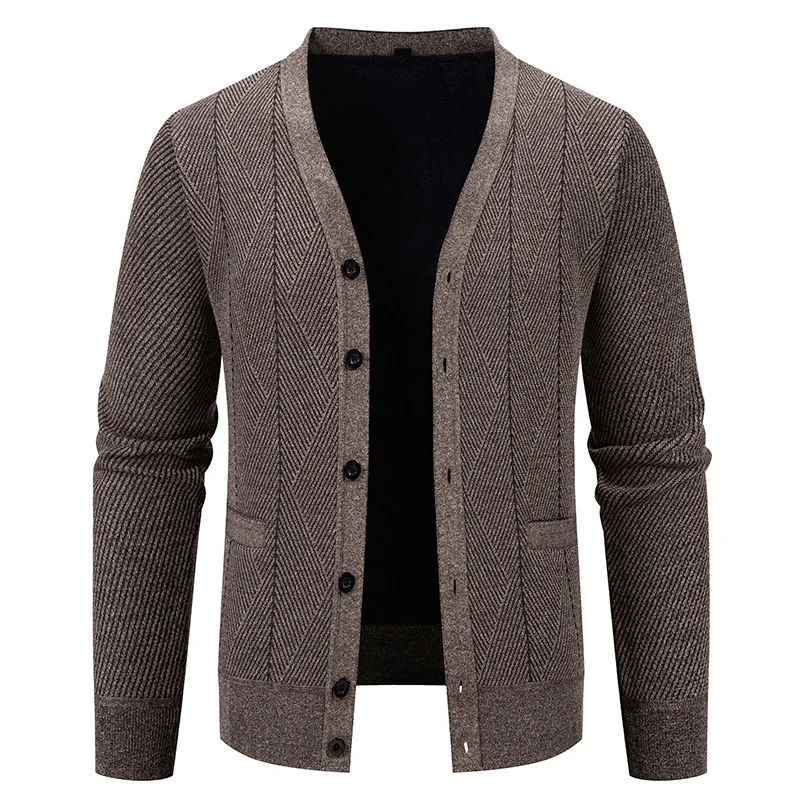 Herren Strukturierter Feinstrick-Cardigan mit Chevron‑Muster, V‑Ausschnitt und Eingrifftaschen Drune