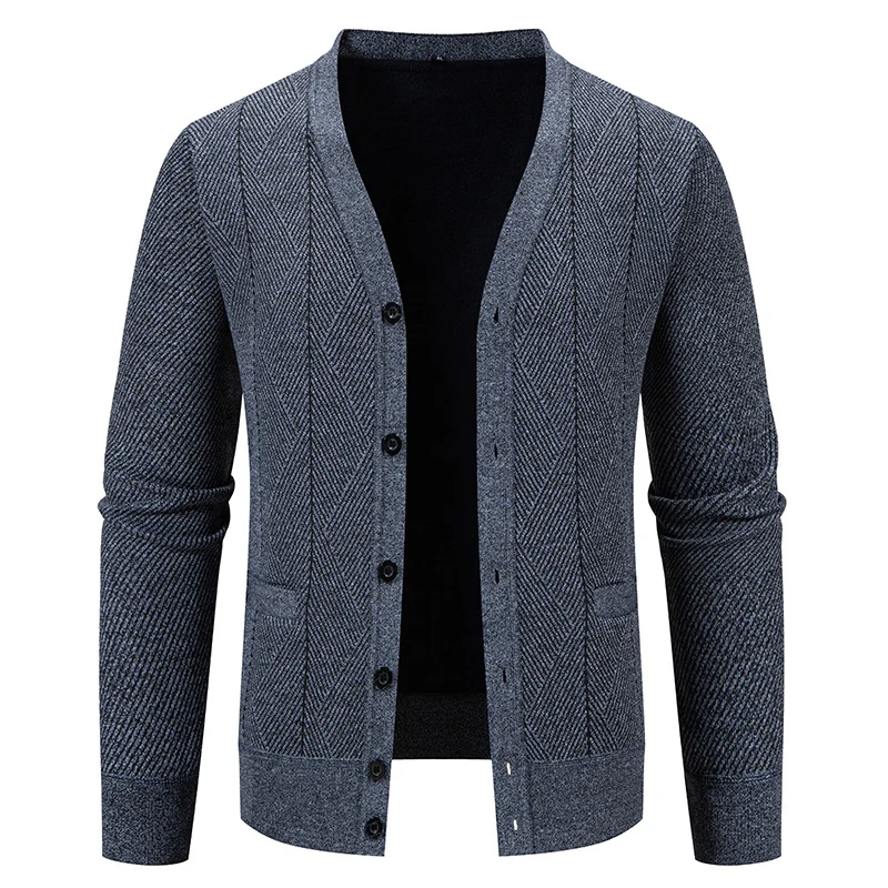 Herren Strukturierter Feinstrick-Cardigan mit Chevron‑Muster, V‑Ausschnitt und Eingrifftaschen Drune