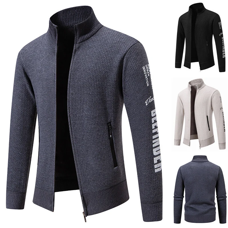 Herren Strukturierte Strickzipjacke mit Waffelstruktur, Stehkragen und Reißverschlusstaschen Drune