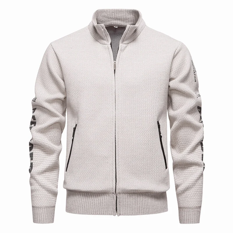 Herren Strukturierte Strickzipjacke mit Waffelstruktur, Stehkragen und Reißverschlusstaschen Drune