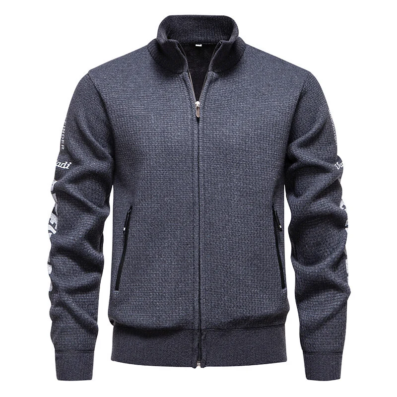 Herren Strukturierte Strickzipjacke mit Waffelstruktur, Stehkragen und Reißverschlusstaschen Drune