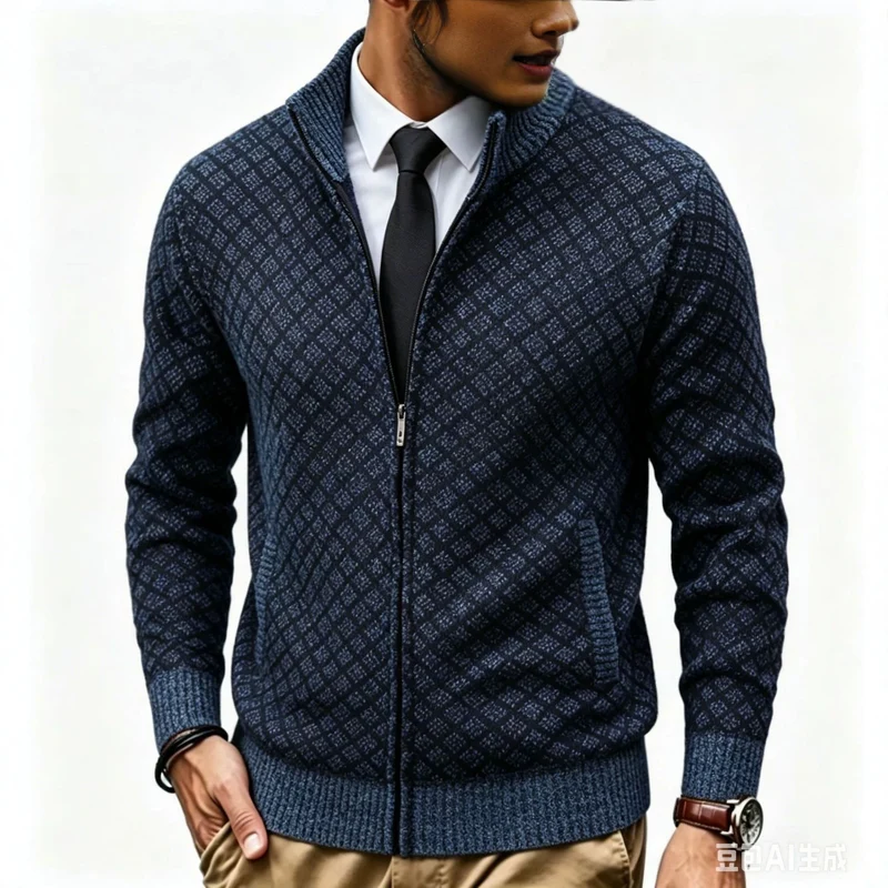 Herren Strukturierte Strickjacke mit Stehkragen und Diamant-Jacquard Drune
